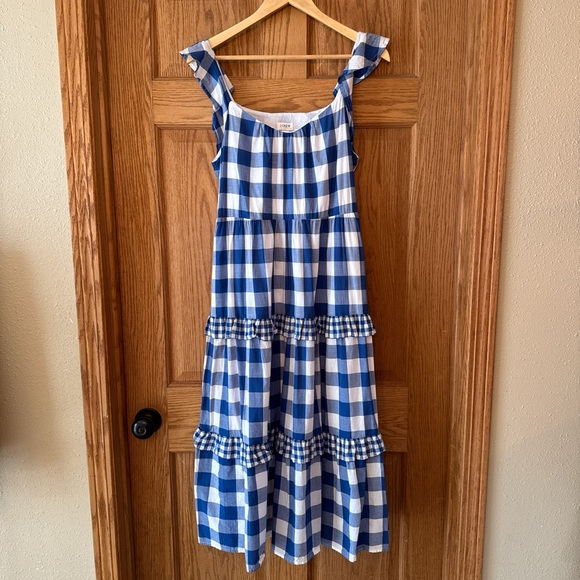 J. CREW Flutter-Sleeve Ruffle-Tiered Midi Dress Gingham Combo Blue White - Picture 2 of 9